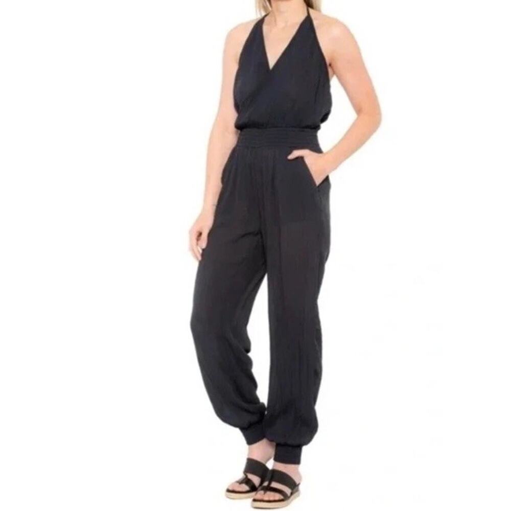 PrANa Fernie Halter Jumpsuit Black Tie Neck Wide Leg Size Large Pockets Smocked - Picture 9 of 9